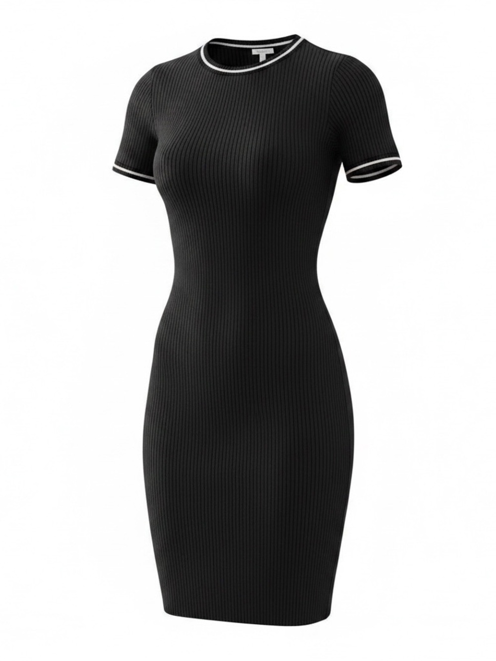 Divided Black Ribbed Midi Dress with White Trim